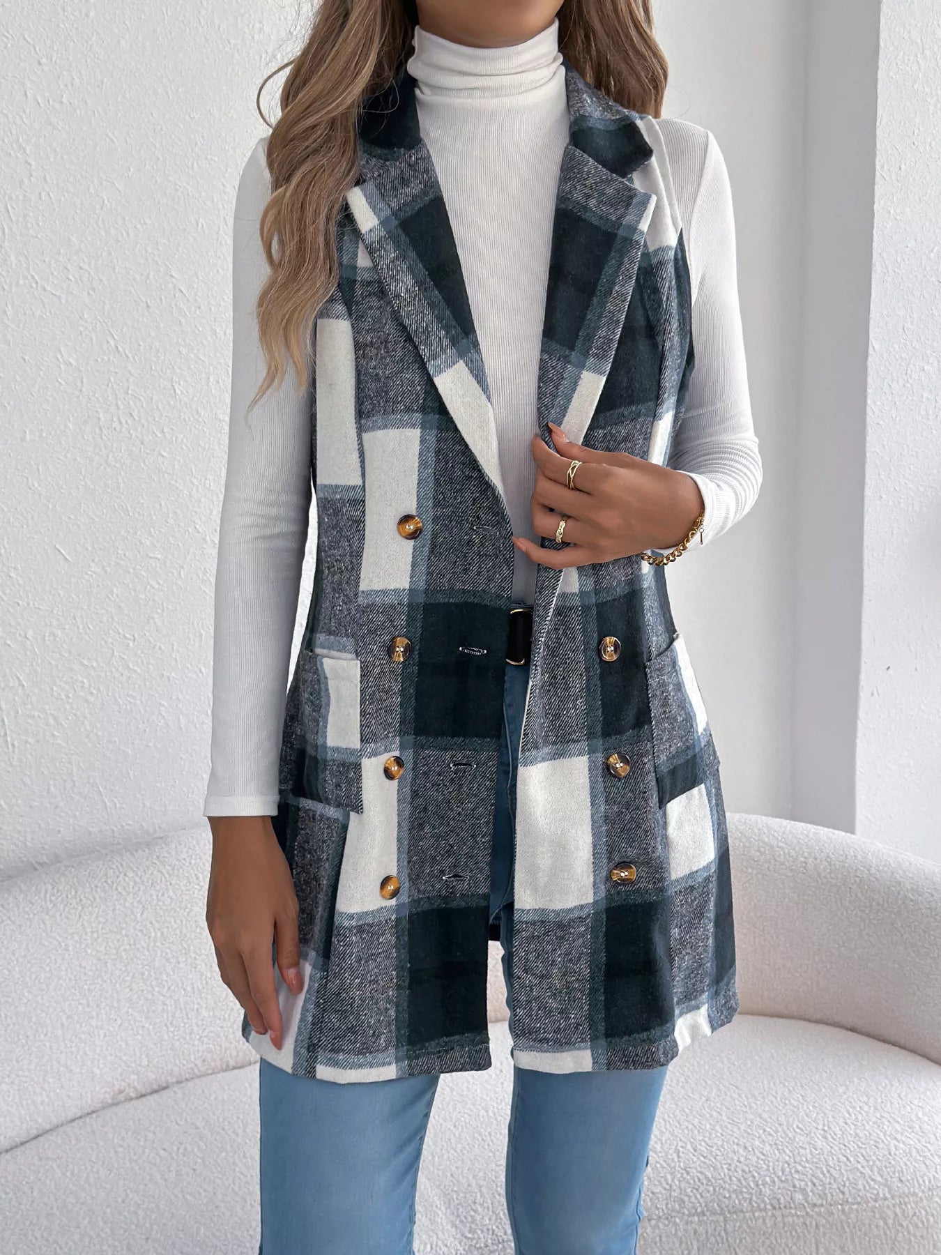 Plaid Double-Breasted Vest Coat