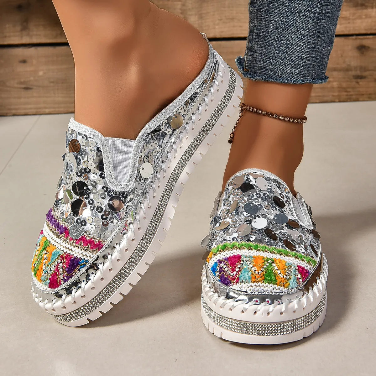 Sequin Round Toe Platform Loafers