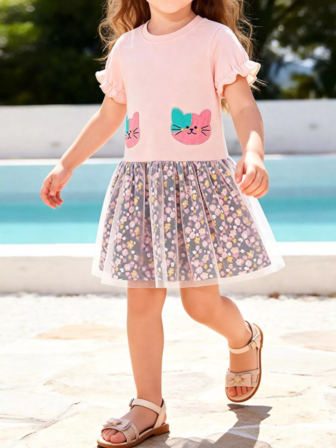Children's Cat Embroidered Floral Tulle Dress