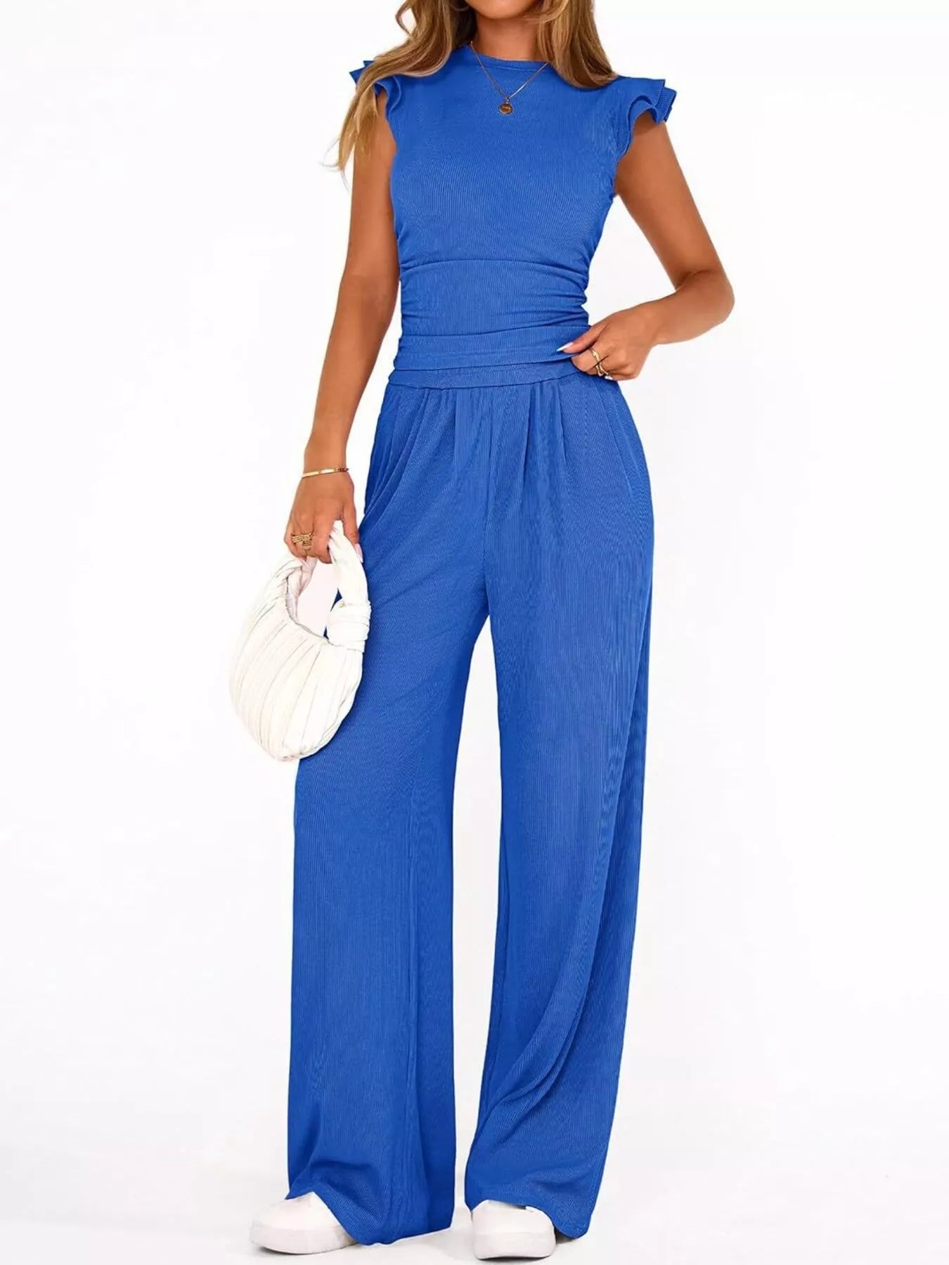 Ruffled Mock Neck Top and Wide Leg Pants Set