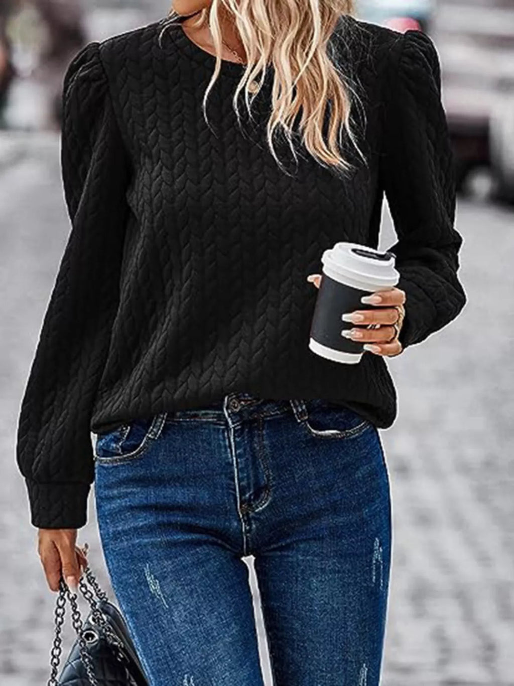 Texture Round Neck Long Sleeve Sweatshirt