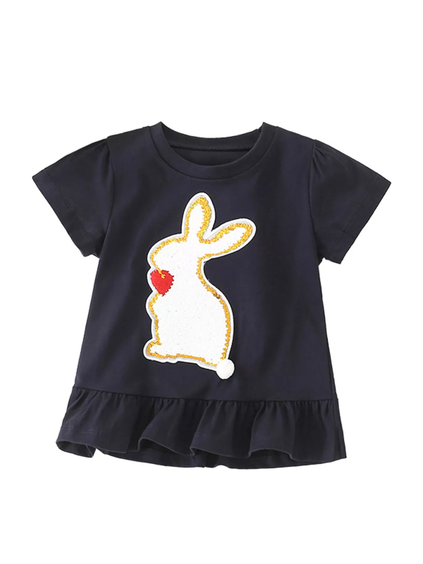 Children's Cute Rabbit Applique Ruffle Hem T-Shirt