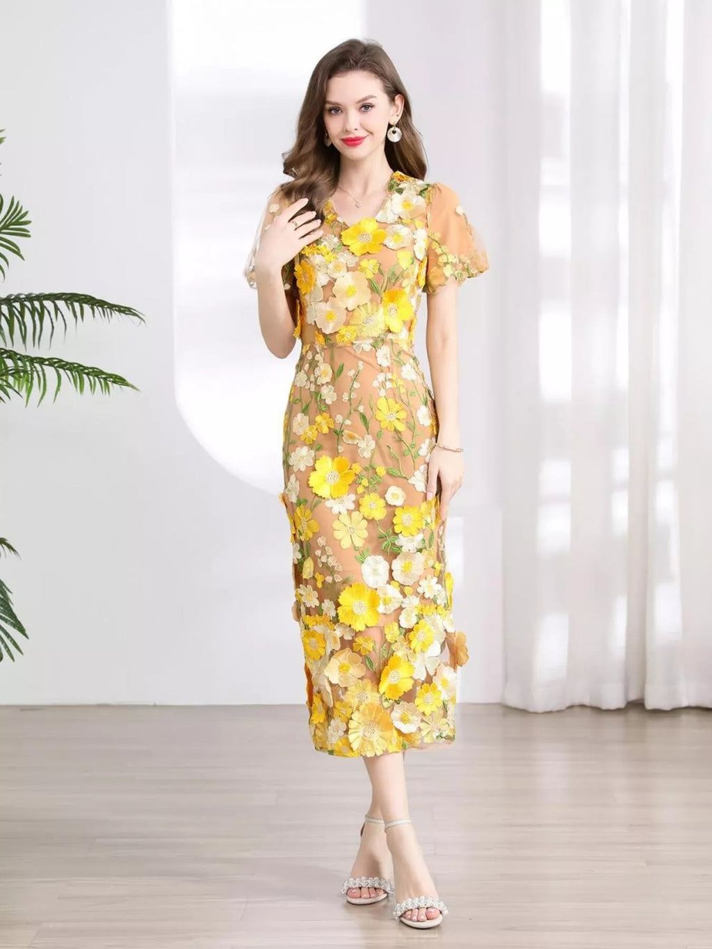 Floral Embroidered Puff Sleeve Midi Dress