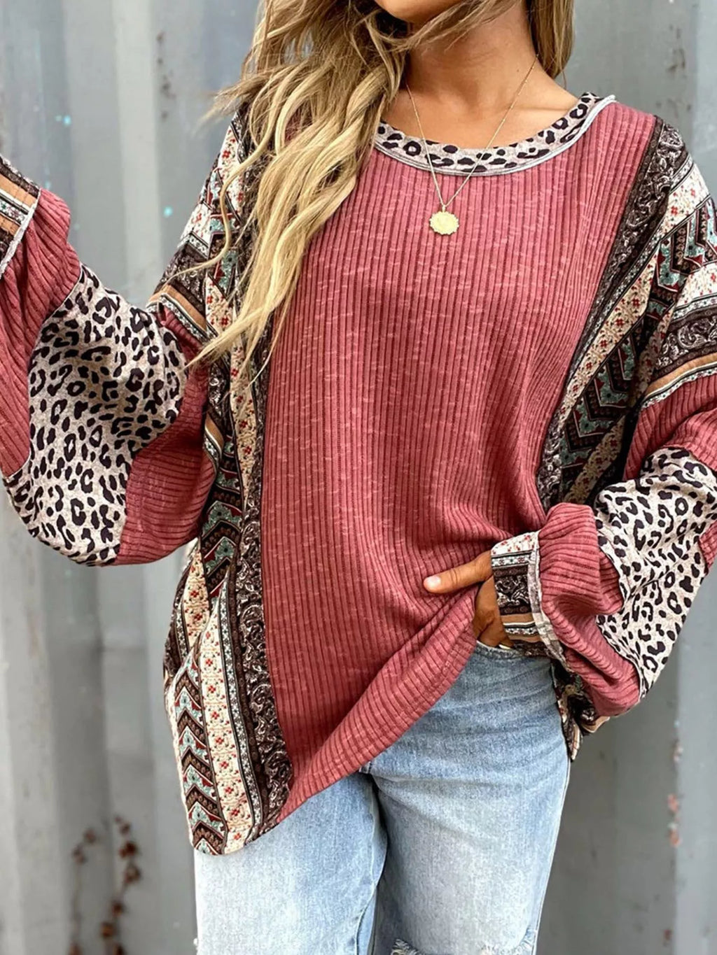 Leopard Color Block Ribbed Top