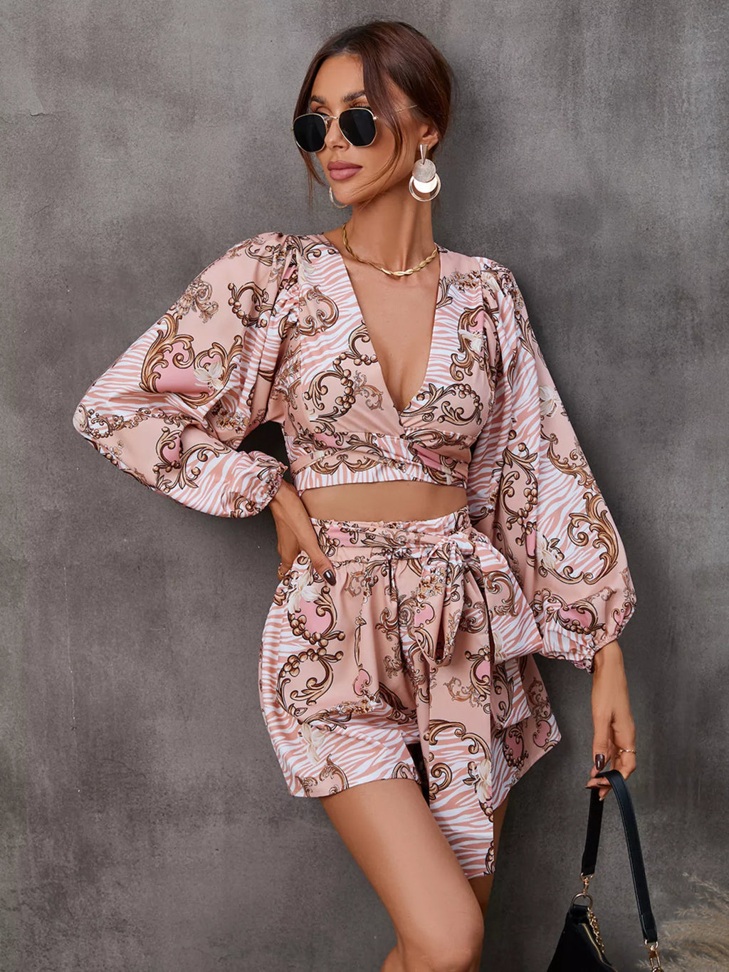Cutout Front Printed Long Sleeve Romper