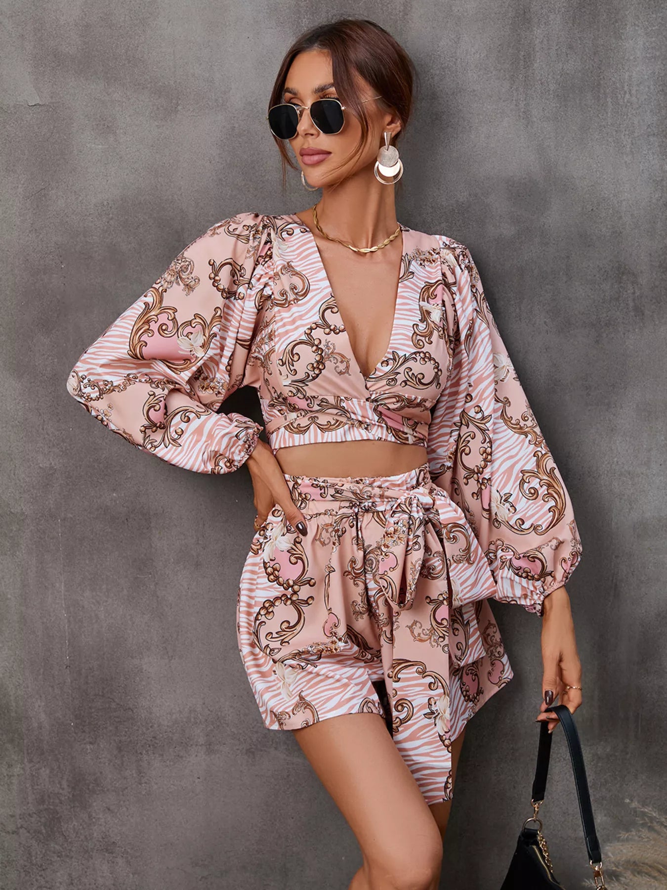 Cutout Front Printed Long Sleeve Romper