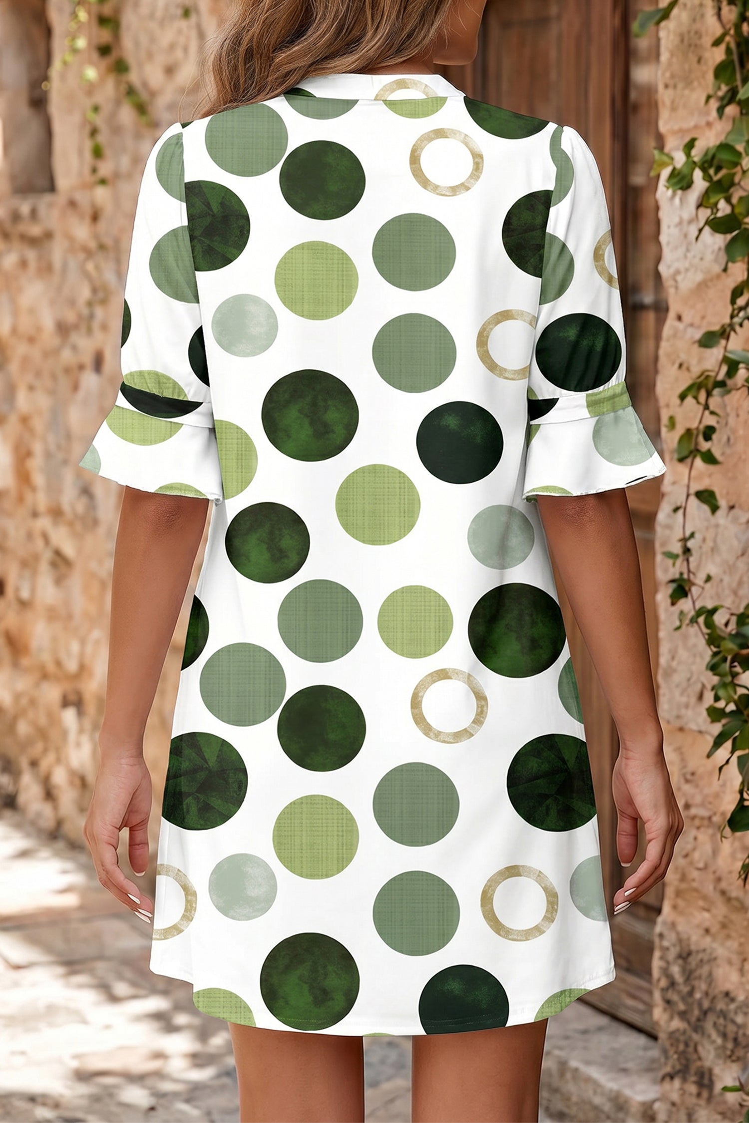 Blue Polka Dot Print Flounced Half Sleeve Casual Vacation Style Mini Dress