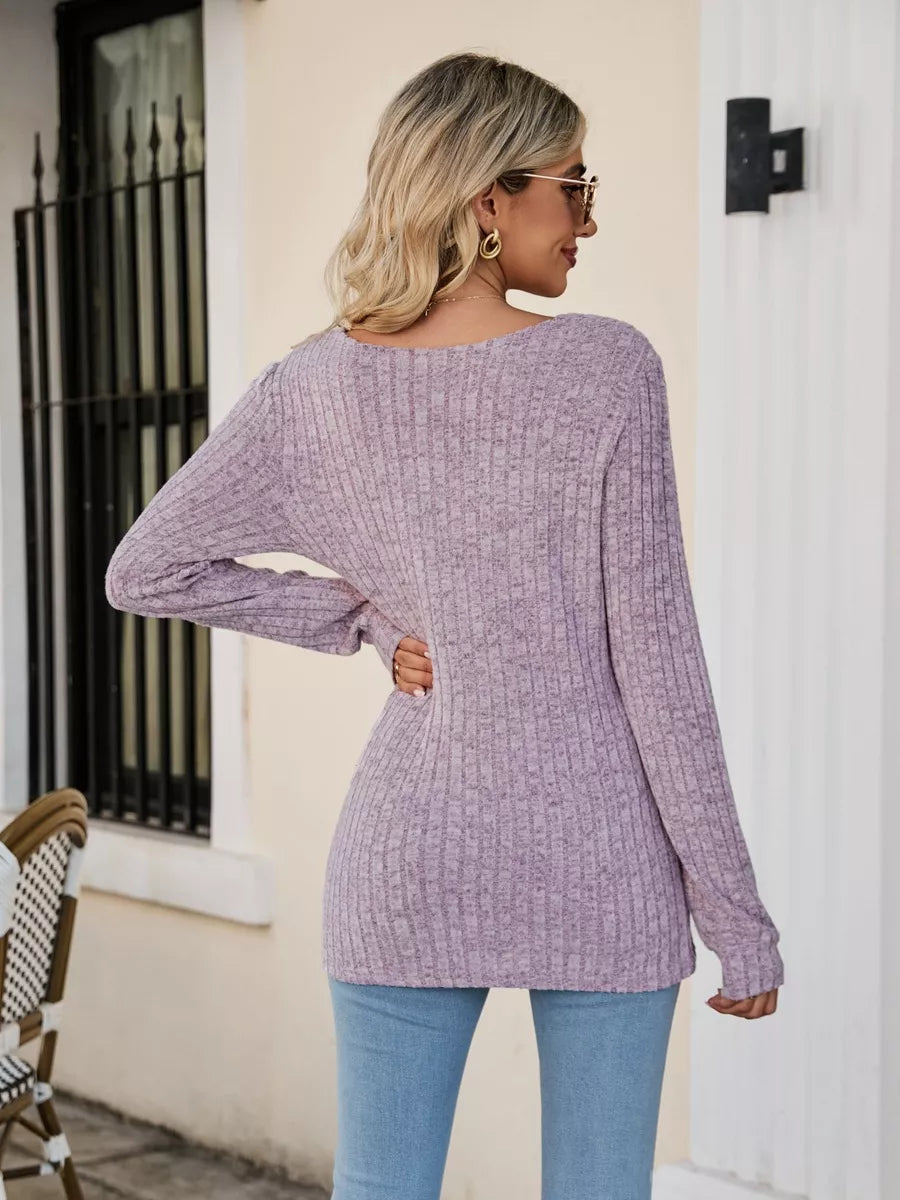 Ribbed Square Neck Long Sleeve T-Shirt