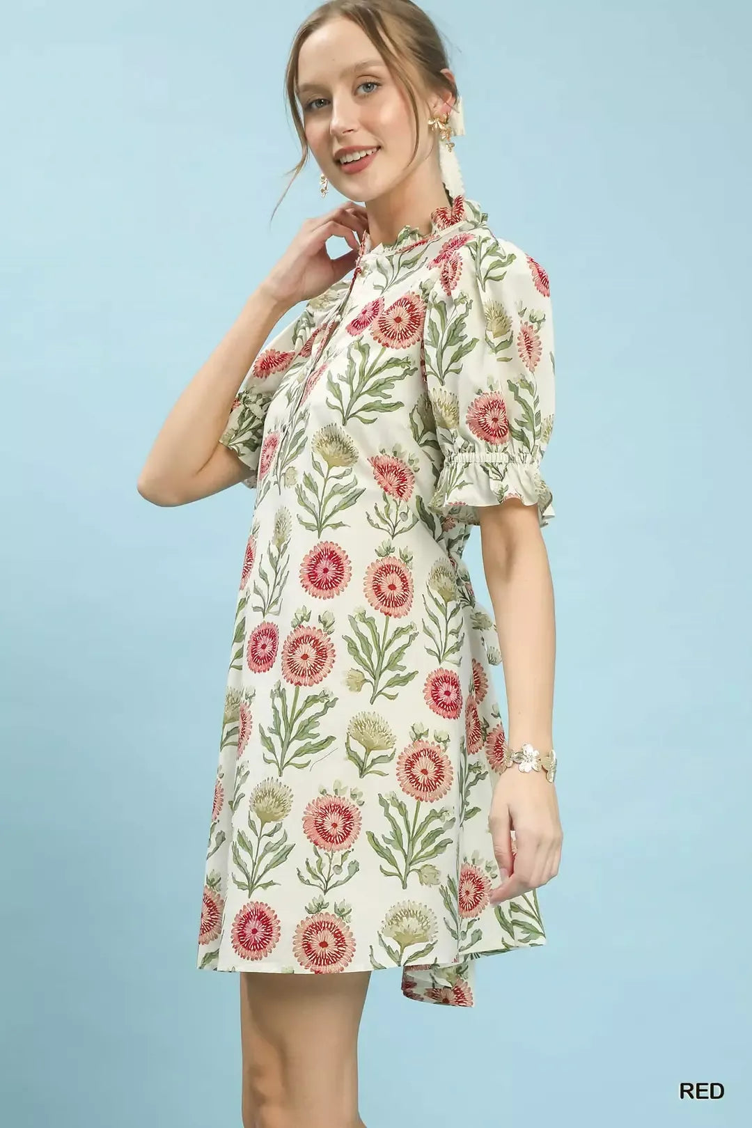 Umgee Floral Puff Sleeve Babydoll Dress with Side Pockets