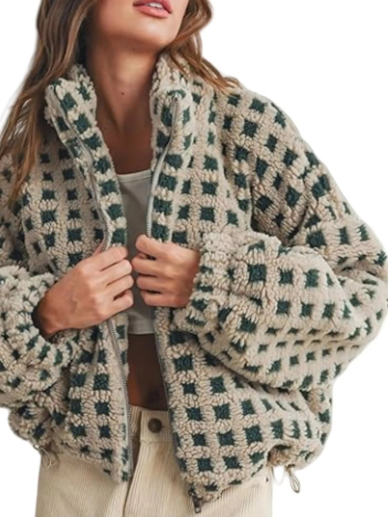 Plaid Zip Up Sherpa Jacket