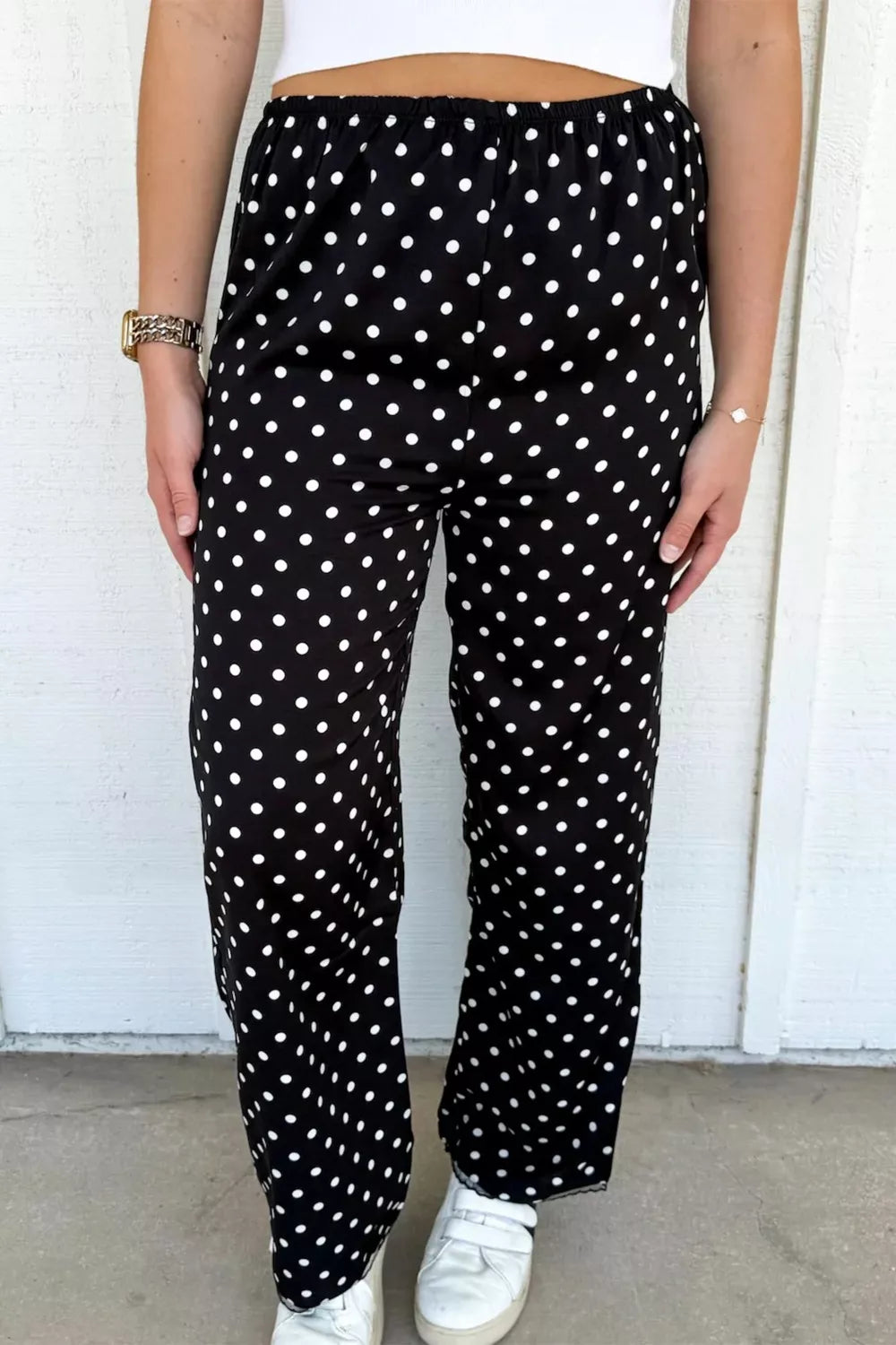 Polka Dot Print Elastic Waist Lace Hem Loose Pants