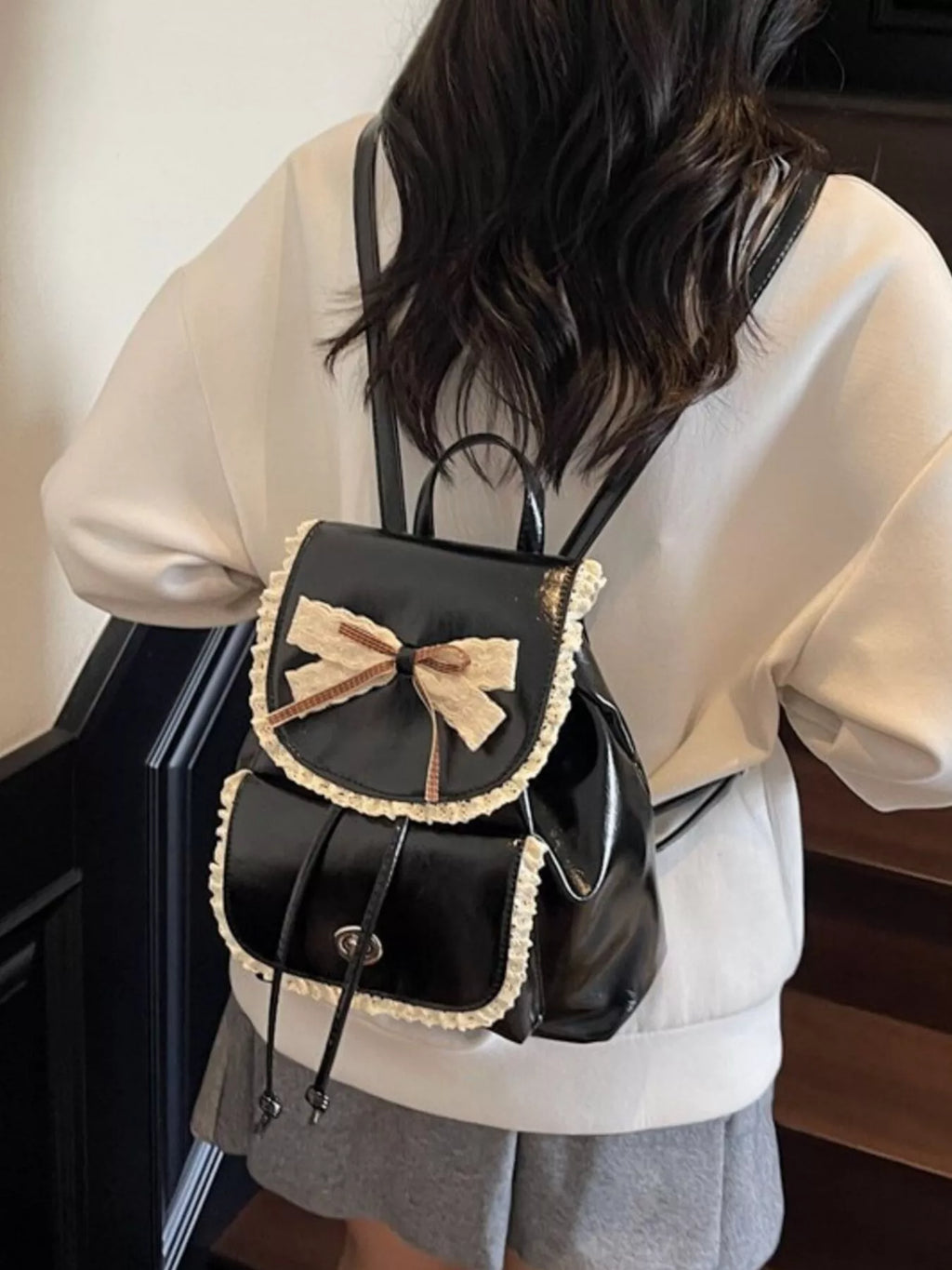 Lace Trim Bow Decor Backpack Bag