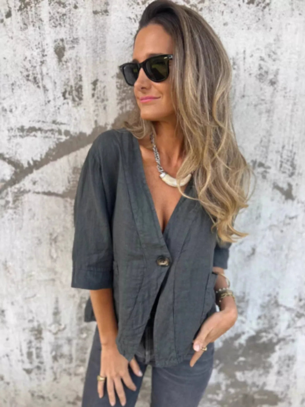 Full Size One Button V-Neck Shirt Plus Size