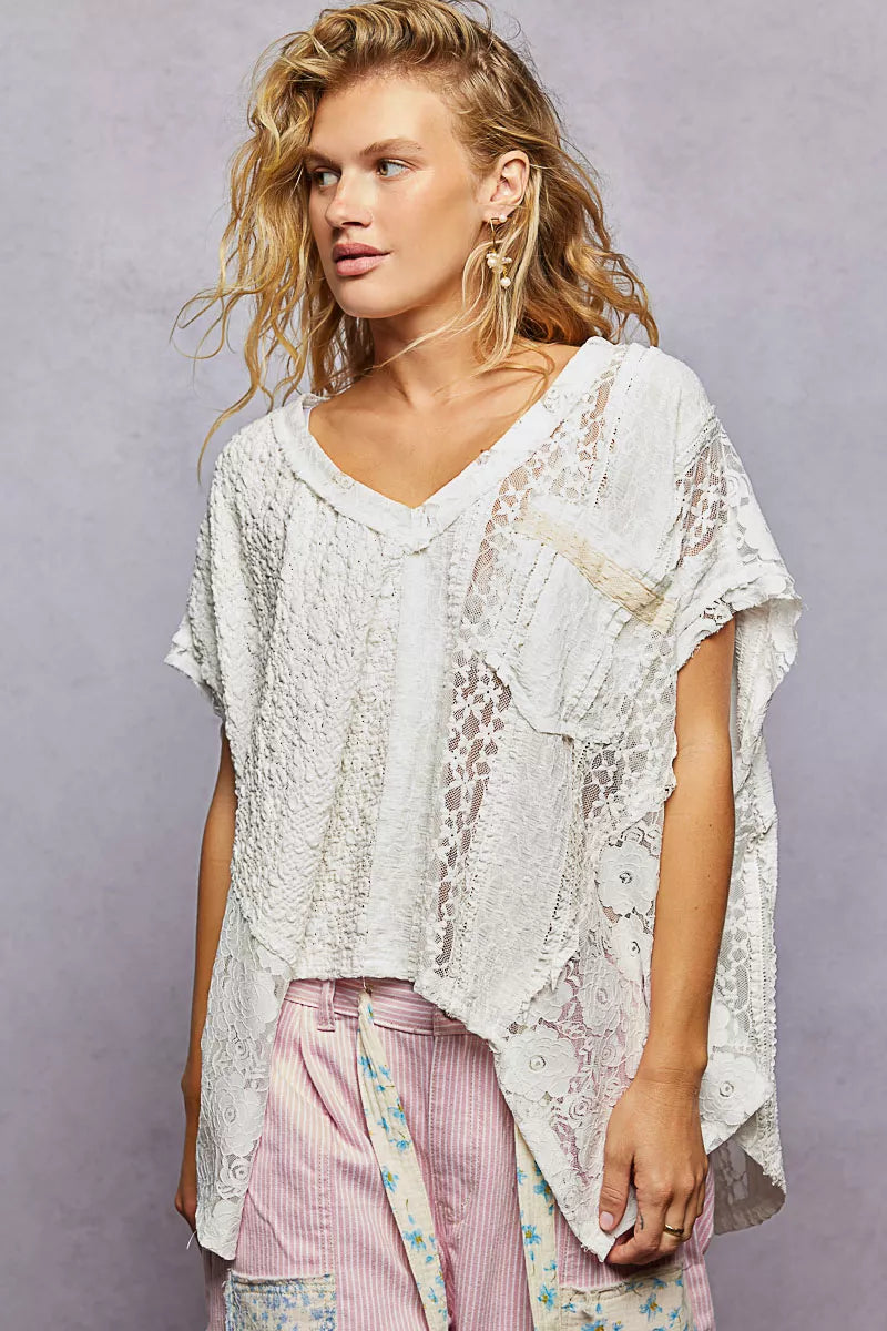 POL Asymmetrical V-Neck Short Sleeve Lace Top