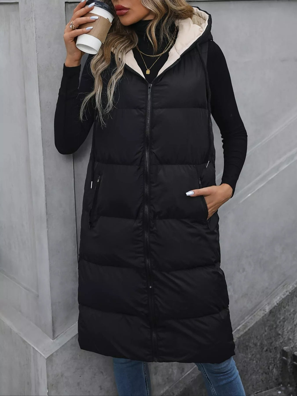 Longline Padded Hooded Vest Coat