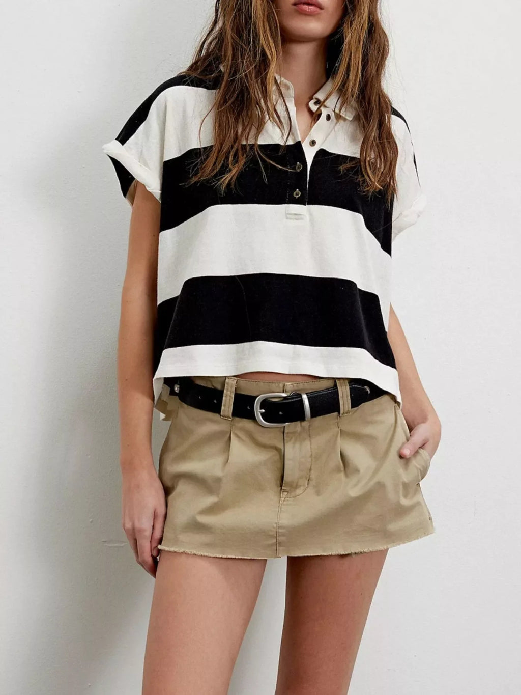Half Button Striped Short Sleeve Cropped Polo Shirt