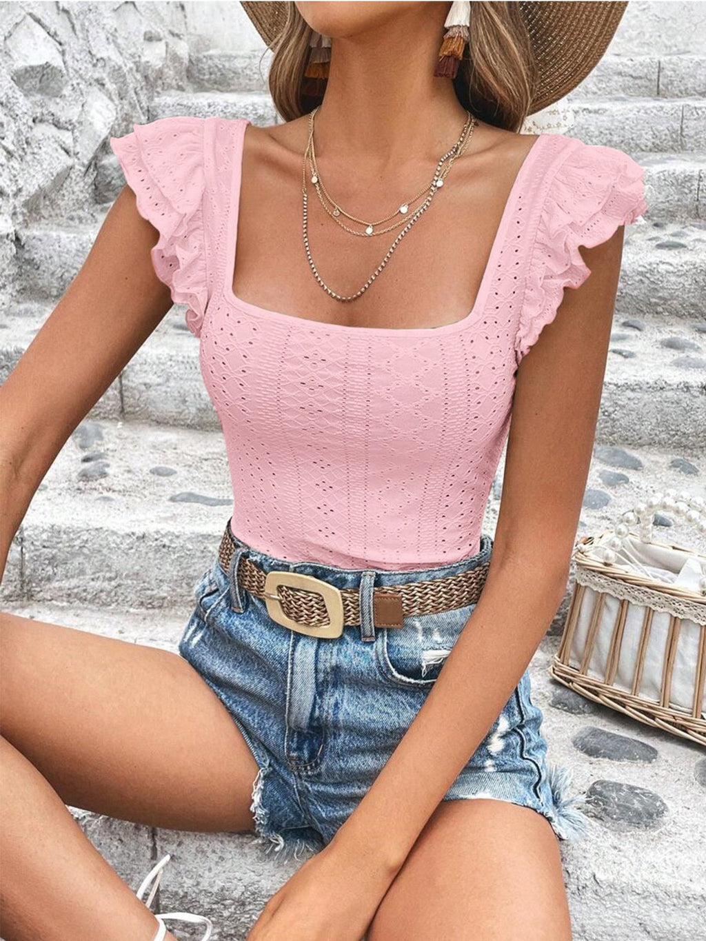 Square Neck Ruffle Sleeve Top