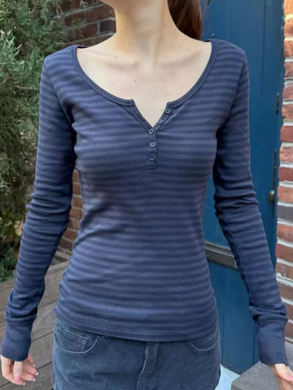 Striped Long Sleeve Henley T-Shirt