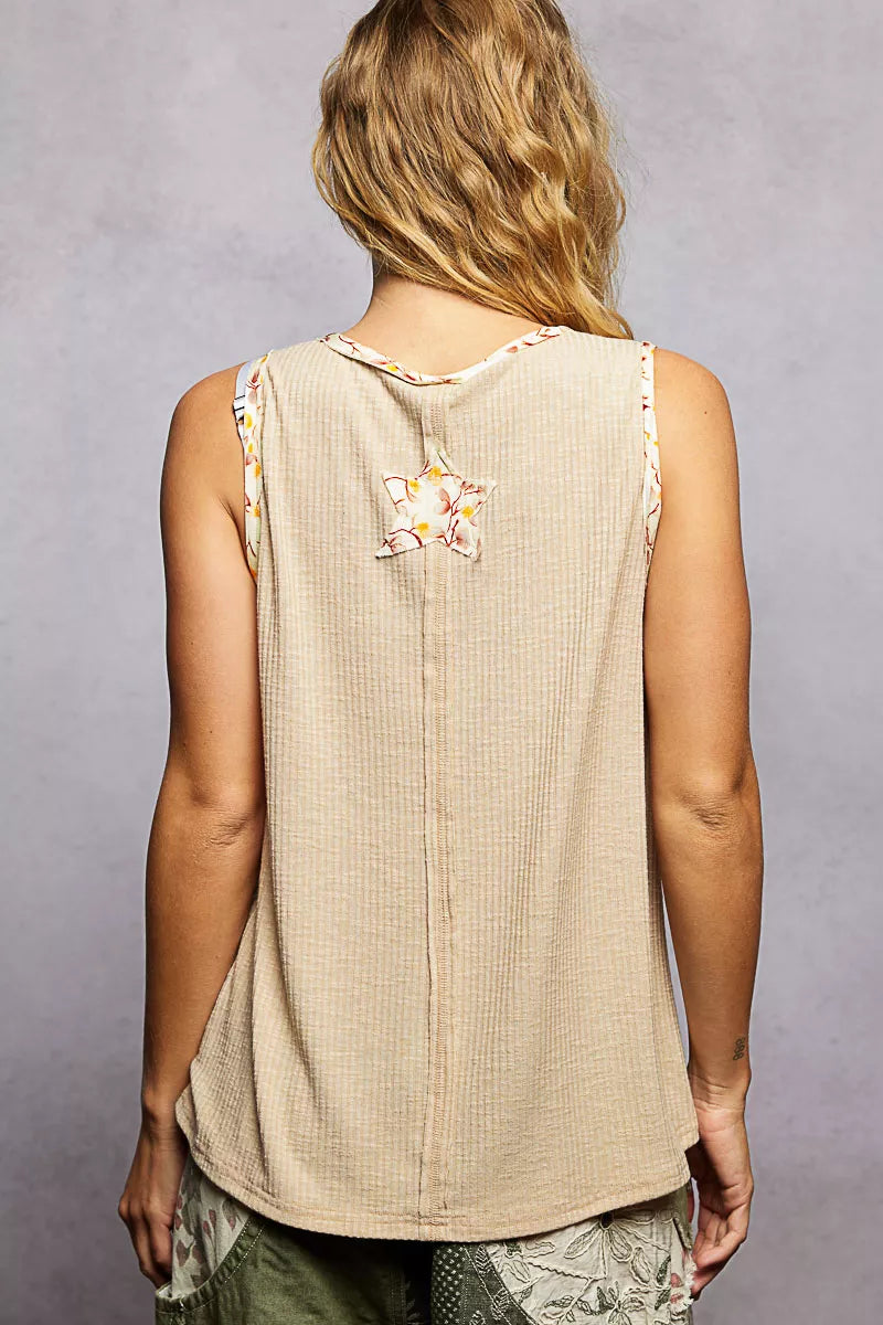 POL Washed Ribbed V-Neck Tank with Floral Print Star Patch