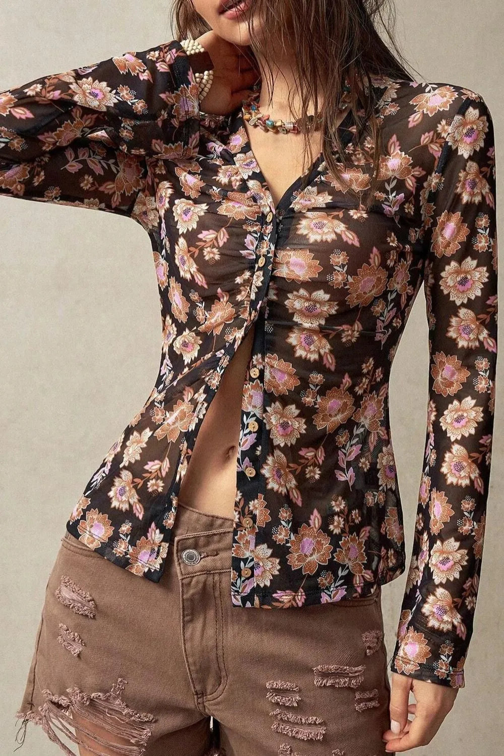 Floral  Button-Front Shirt with Bell Sleeves