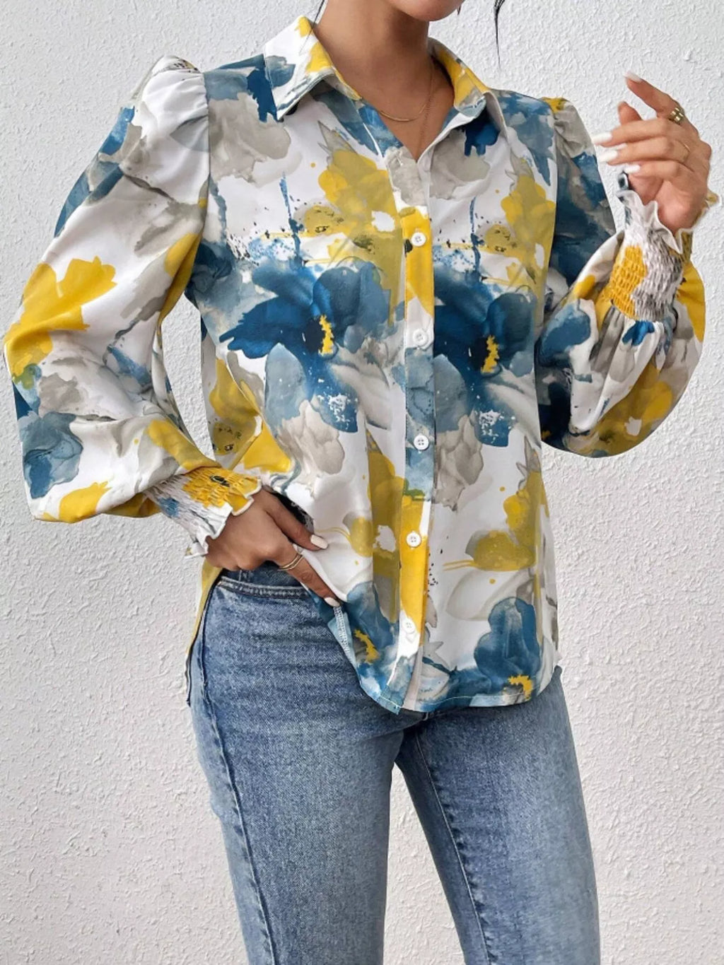Printed Button Up Lantern Sleeve Shirt