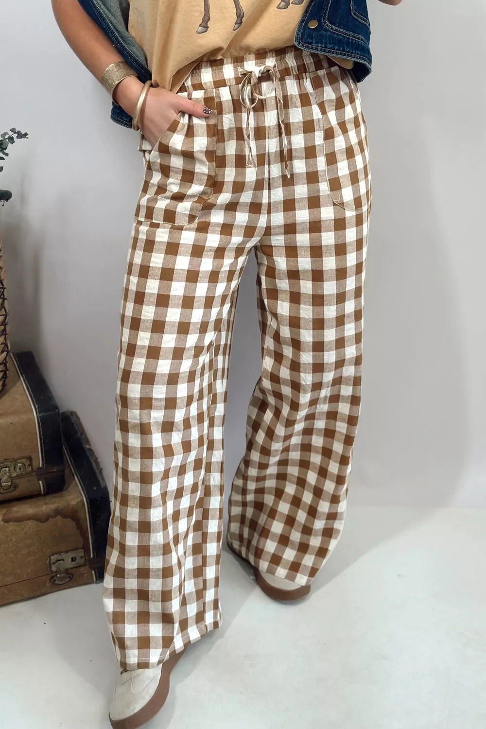 Gingham Plaid Tie Elastic Waist Shift Pants