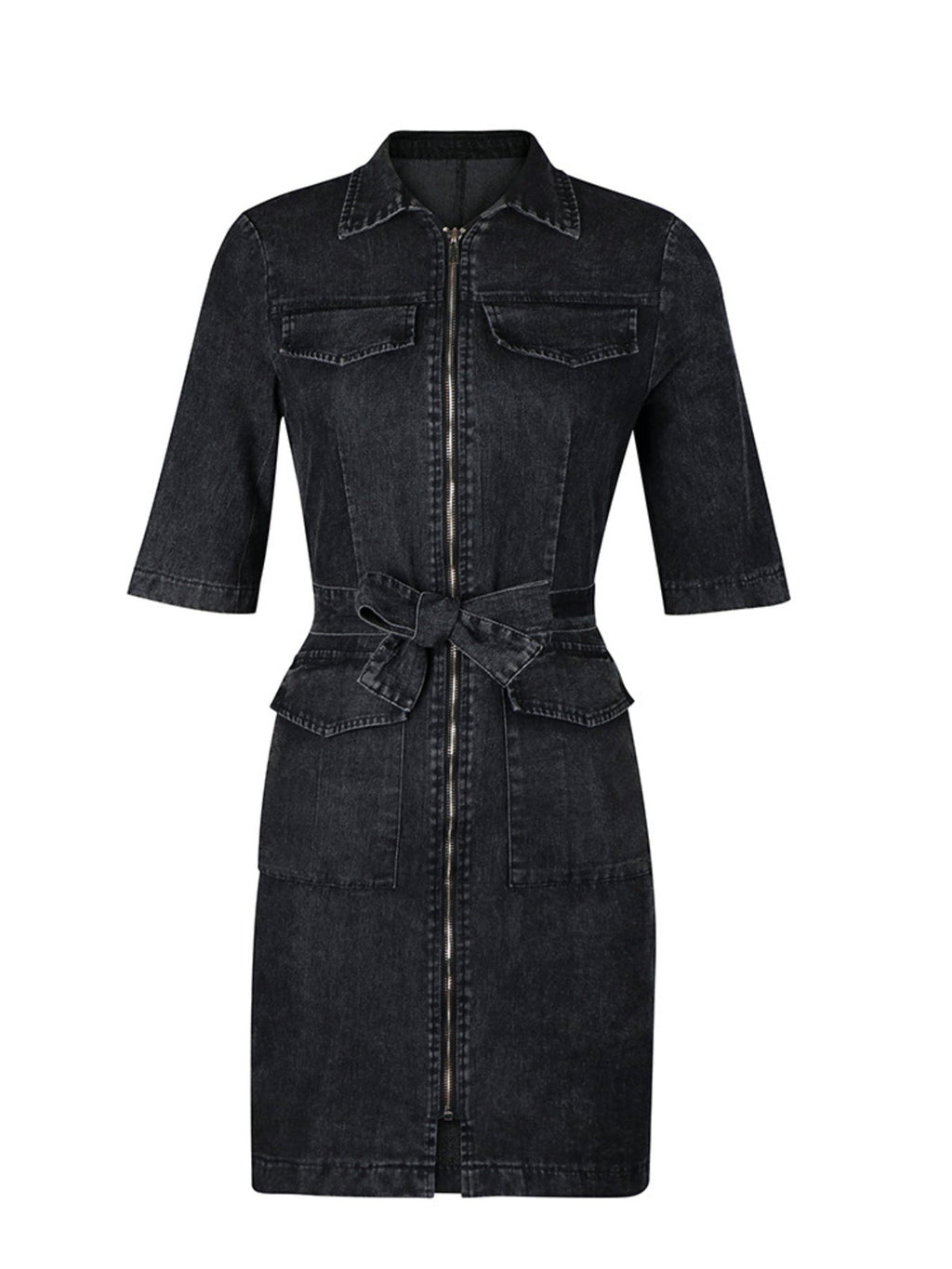 Zipper Front Short Sleeve Denim Dress