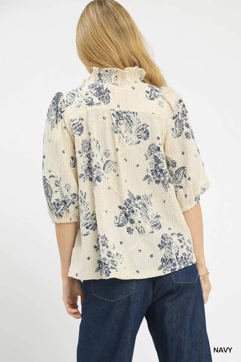 Umgee Floral Embroidered Blouse with Ruffle Trim
