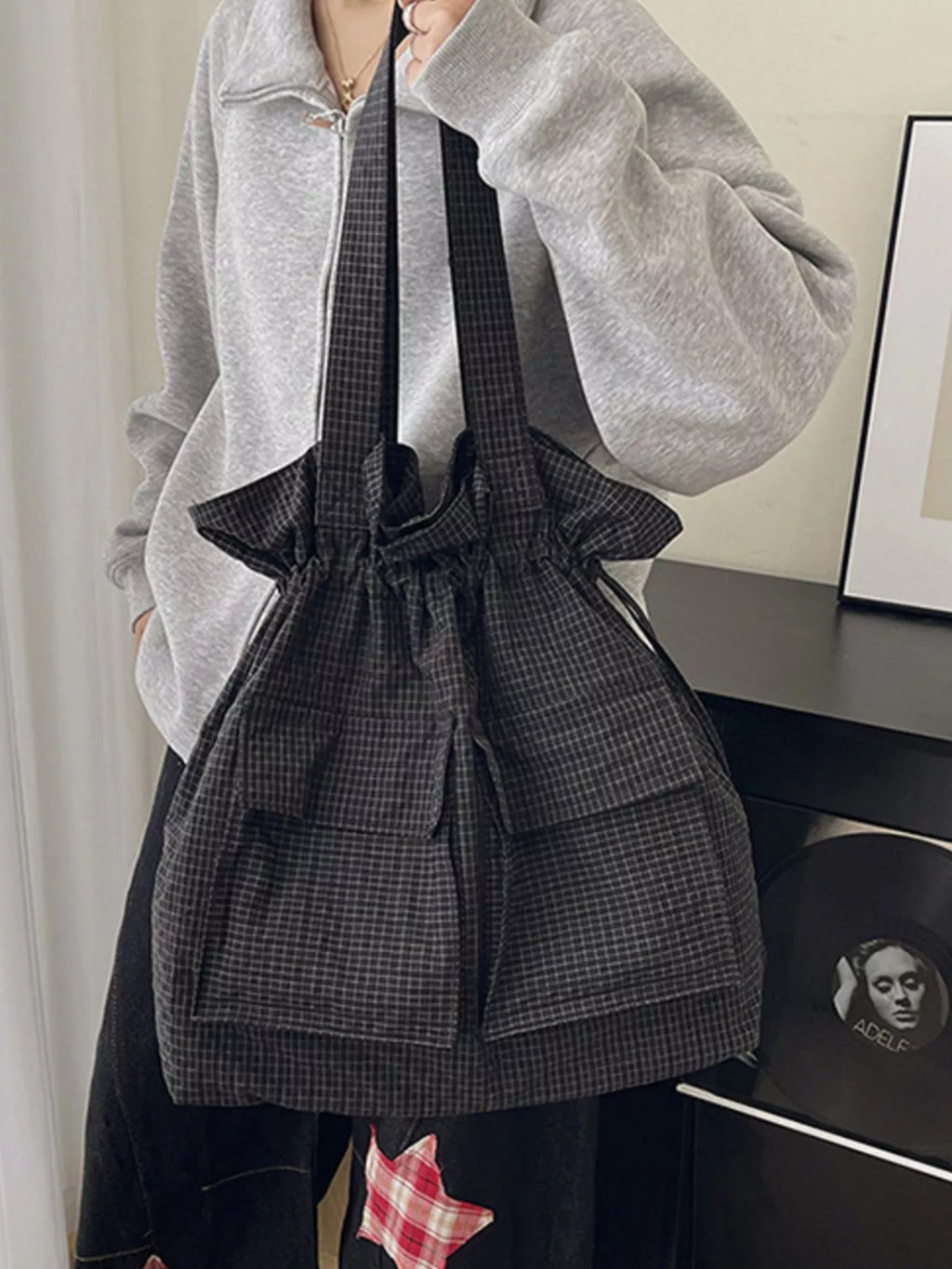 Convertible Plaid Drawstring Backpack Bag