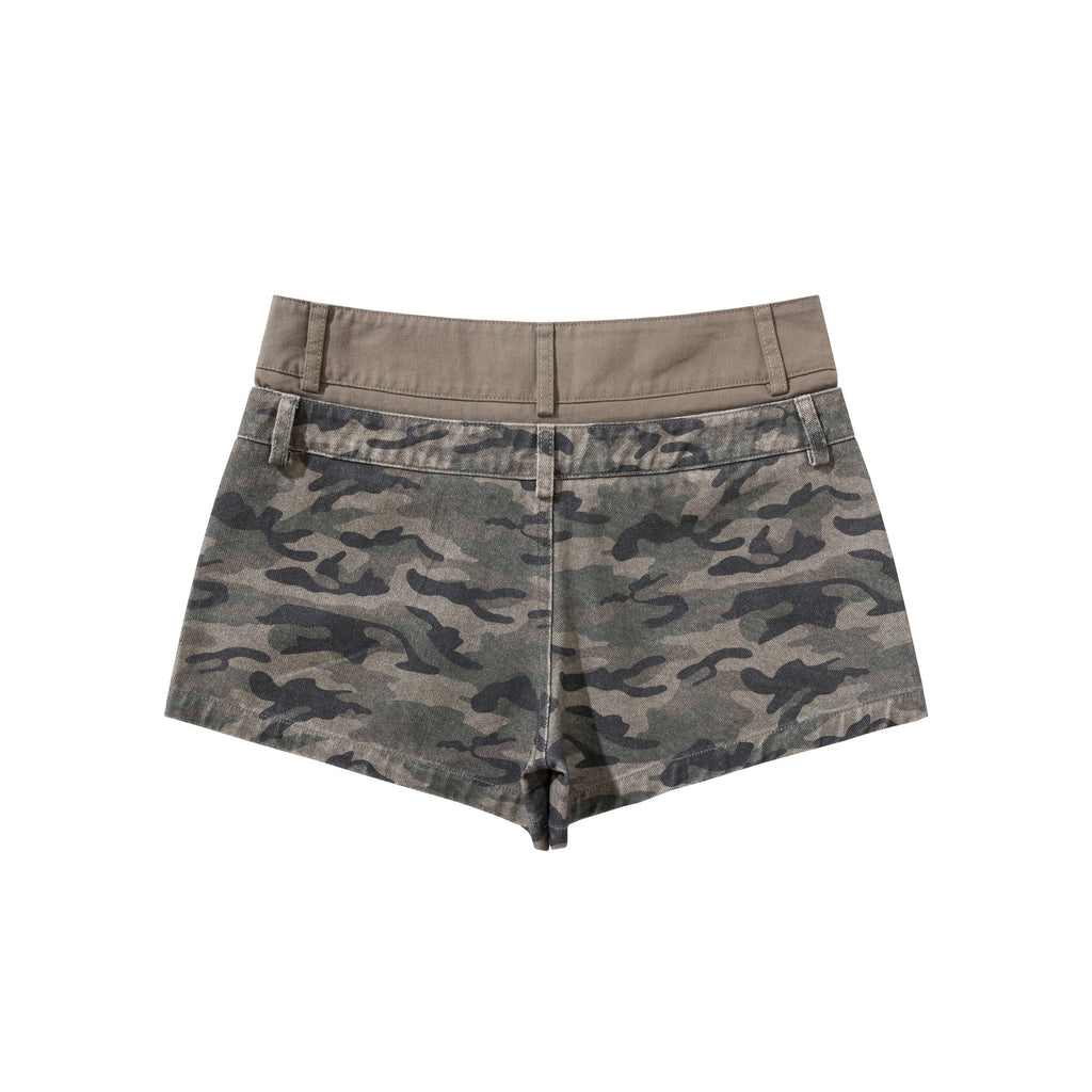 Camouflage double-layer waist low waisted denim shorts for women