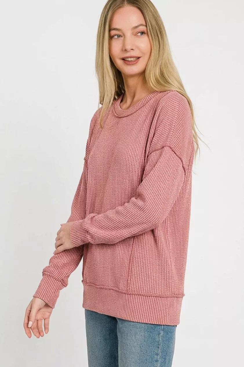 Zenana Corded Rib Long Sleeve Round Neck Top