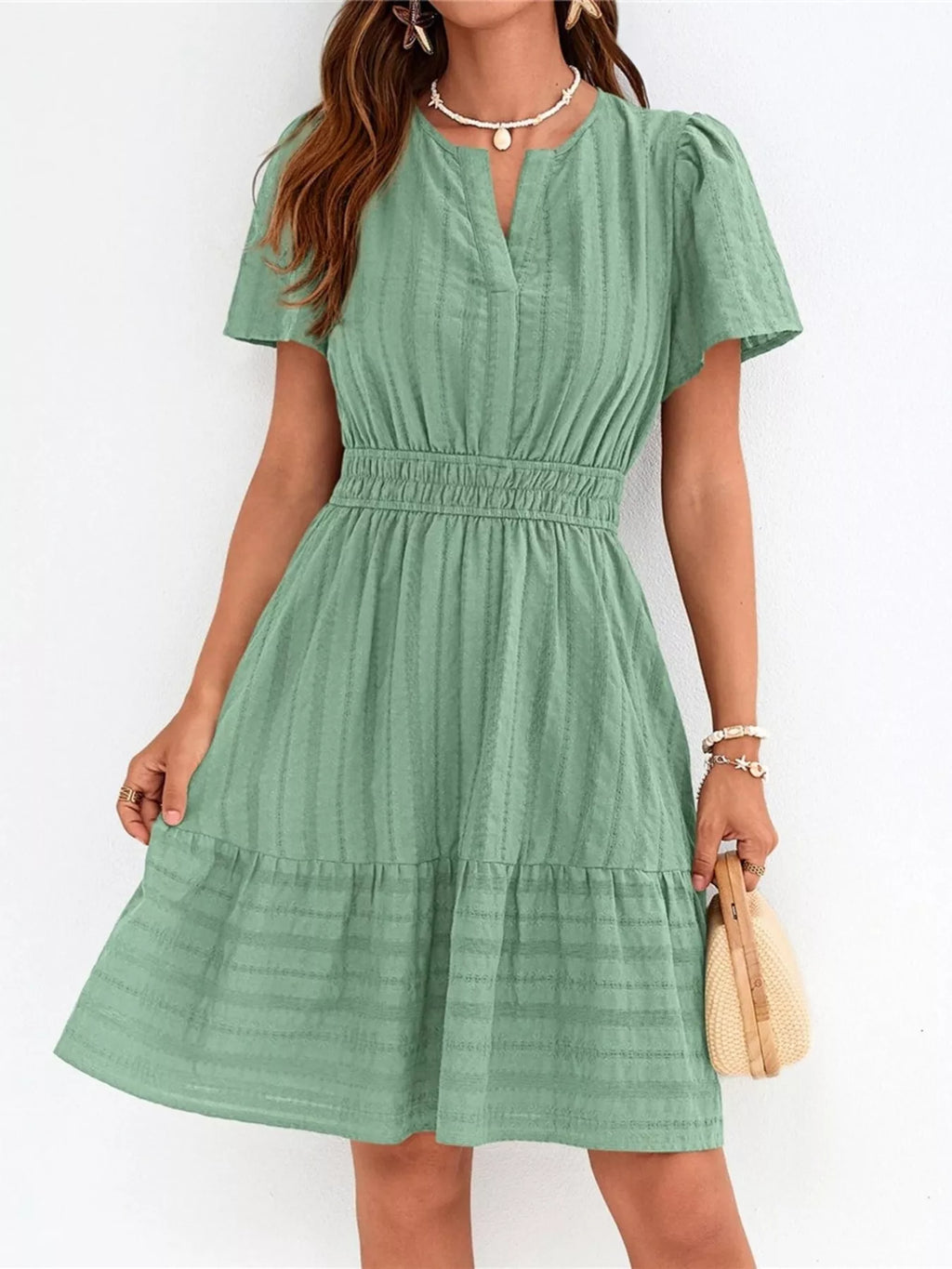 Short Sleeve Smocked Waist Tiered Dress