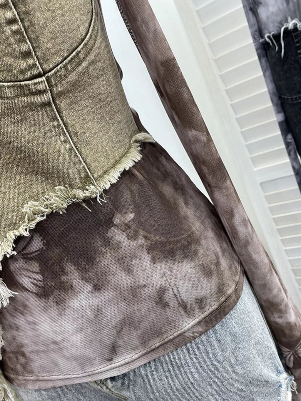 Asymmetrical Neck Denim Patchwork Top
