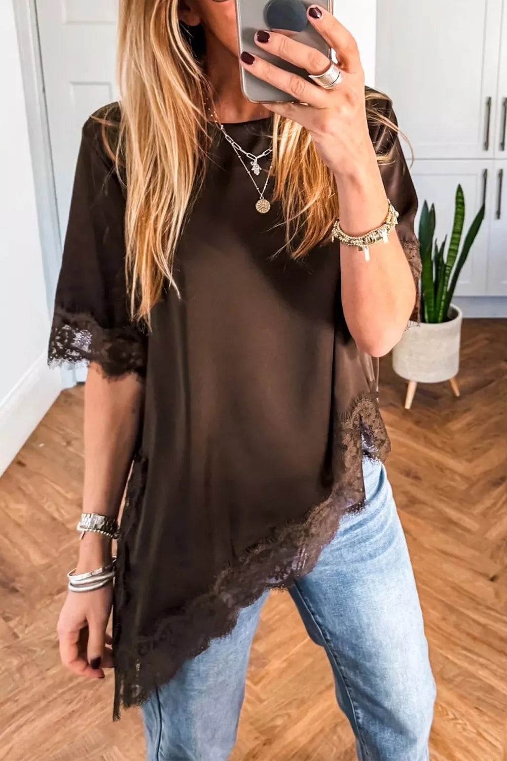 Asymmetric Lace Trim Short Sleeve Satin Top