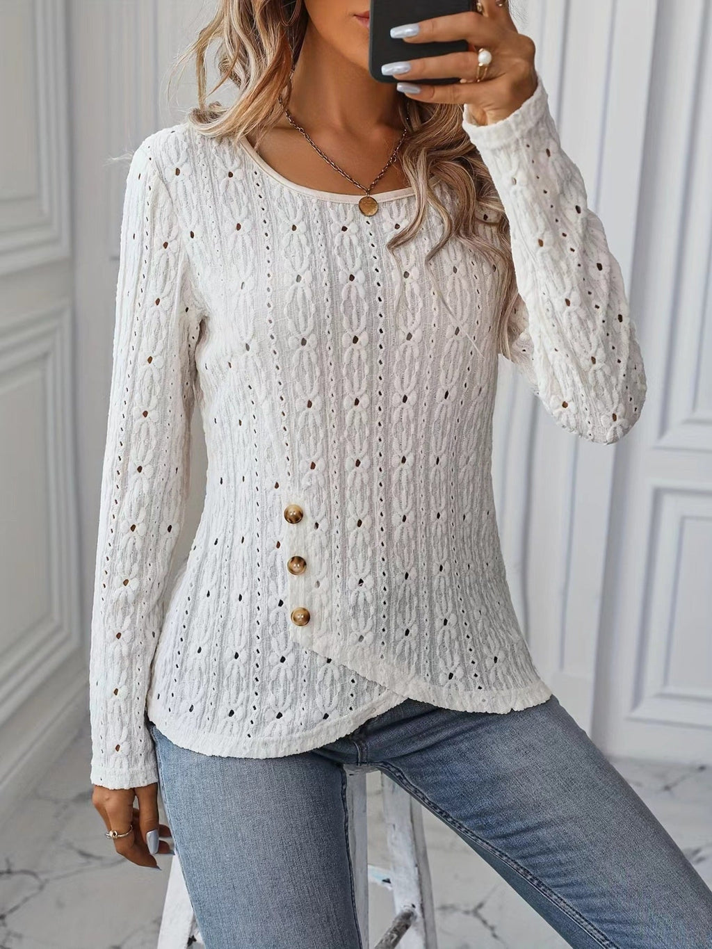 Eyelet Round Neck Blouse