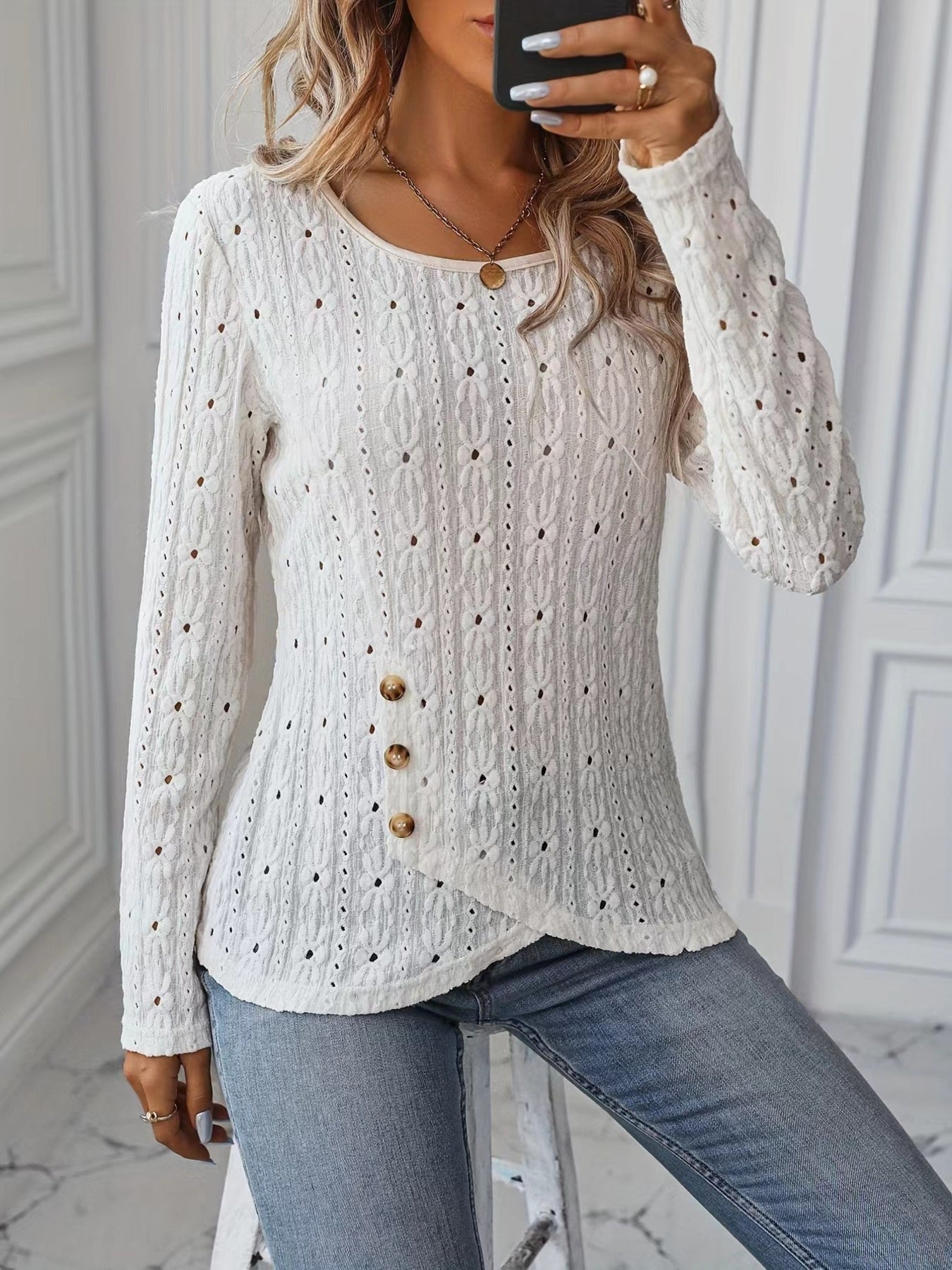 Eyelet Round Neck Blouse