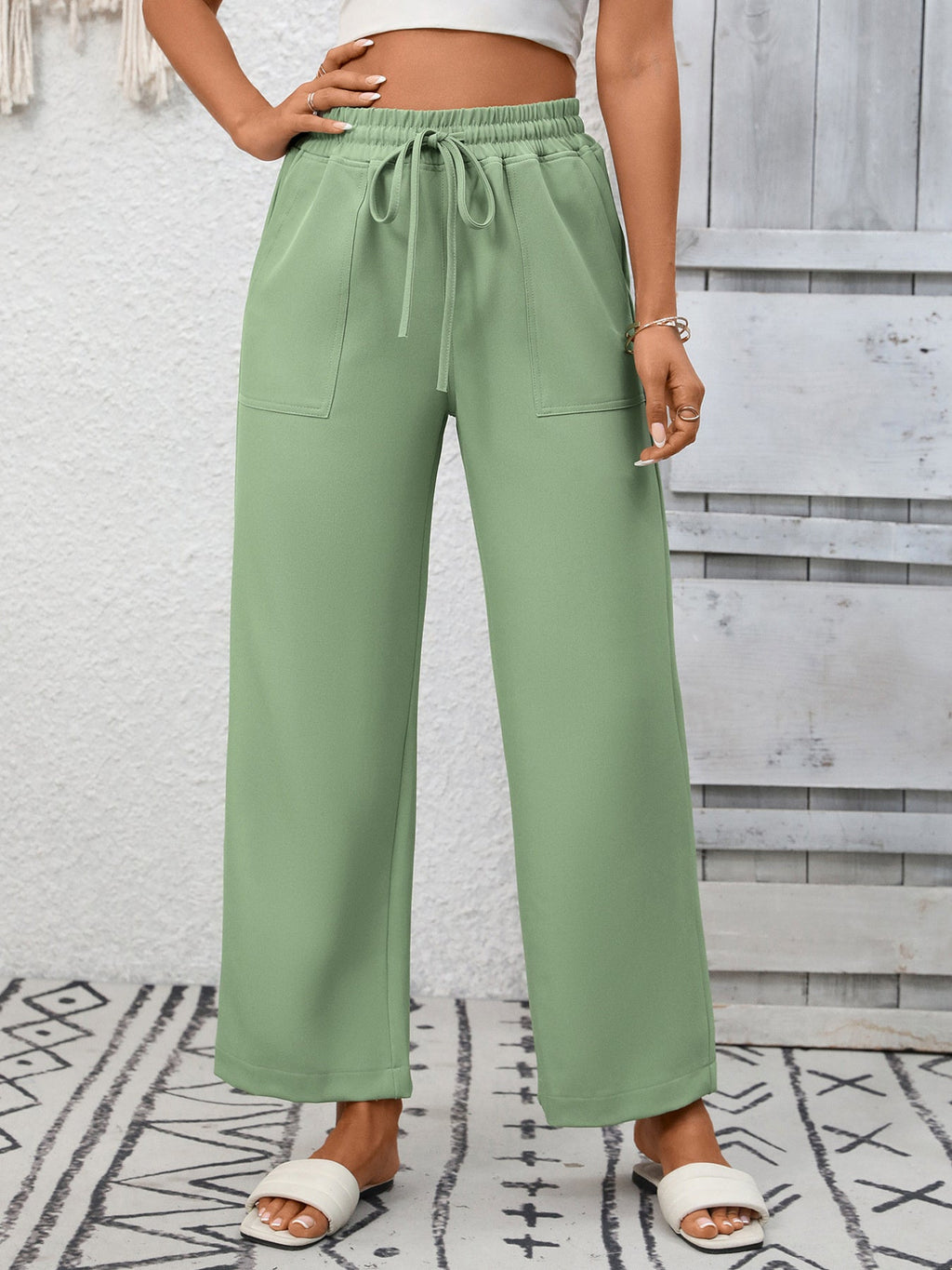 Casual Drawstring Wide Leg Pants