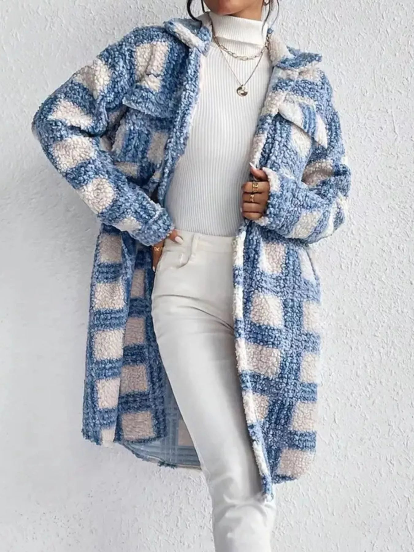 Plaid Button Up Long Sleeve Fleece Coat