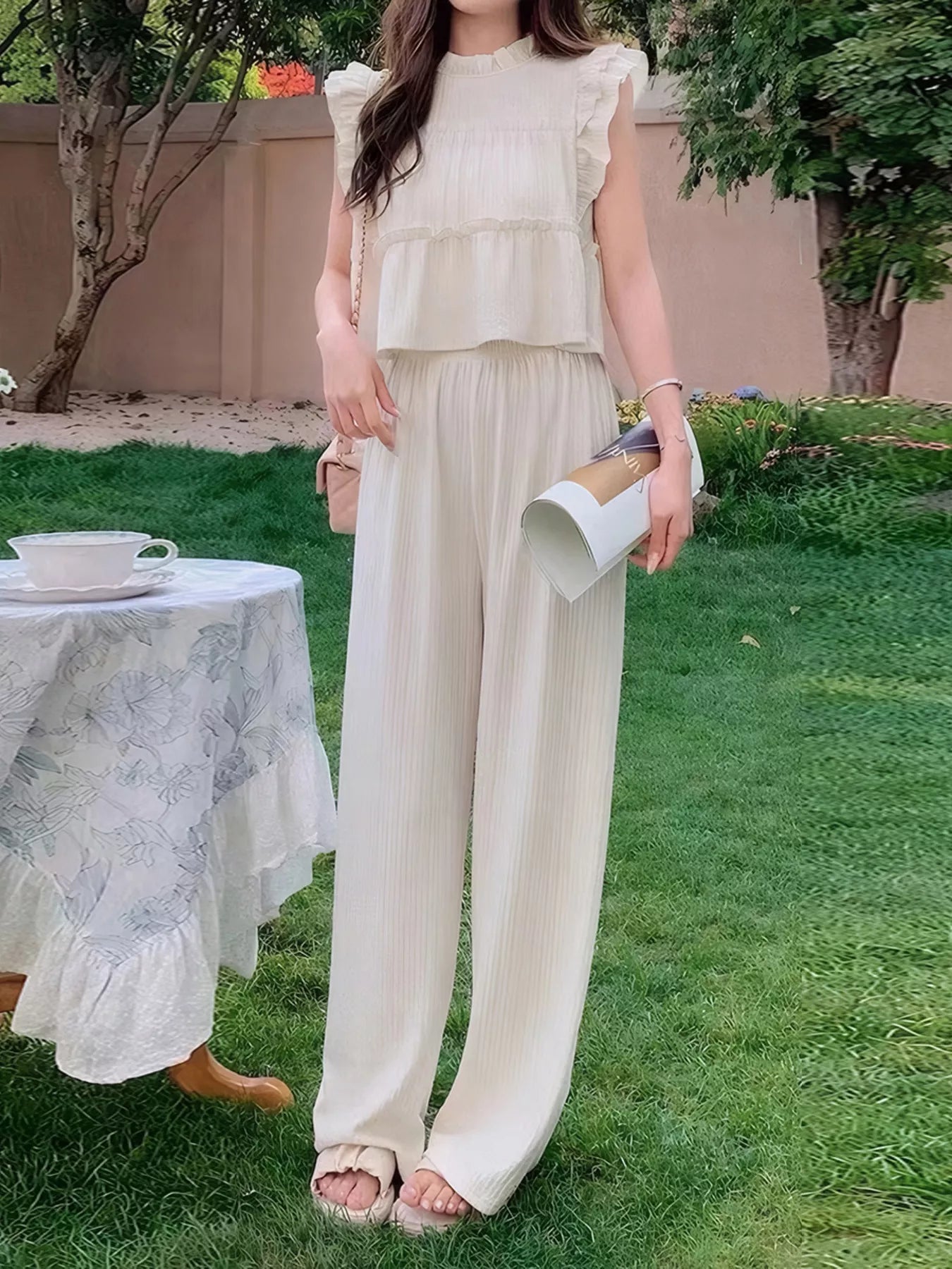 Ruffled Sleeveless Top and Wide Leg Pants Set
