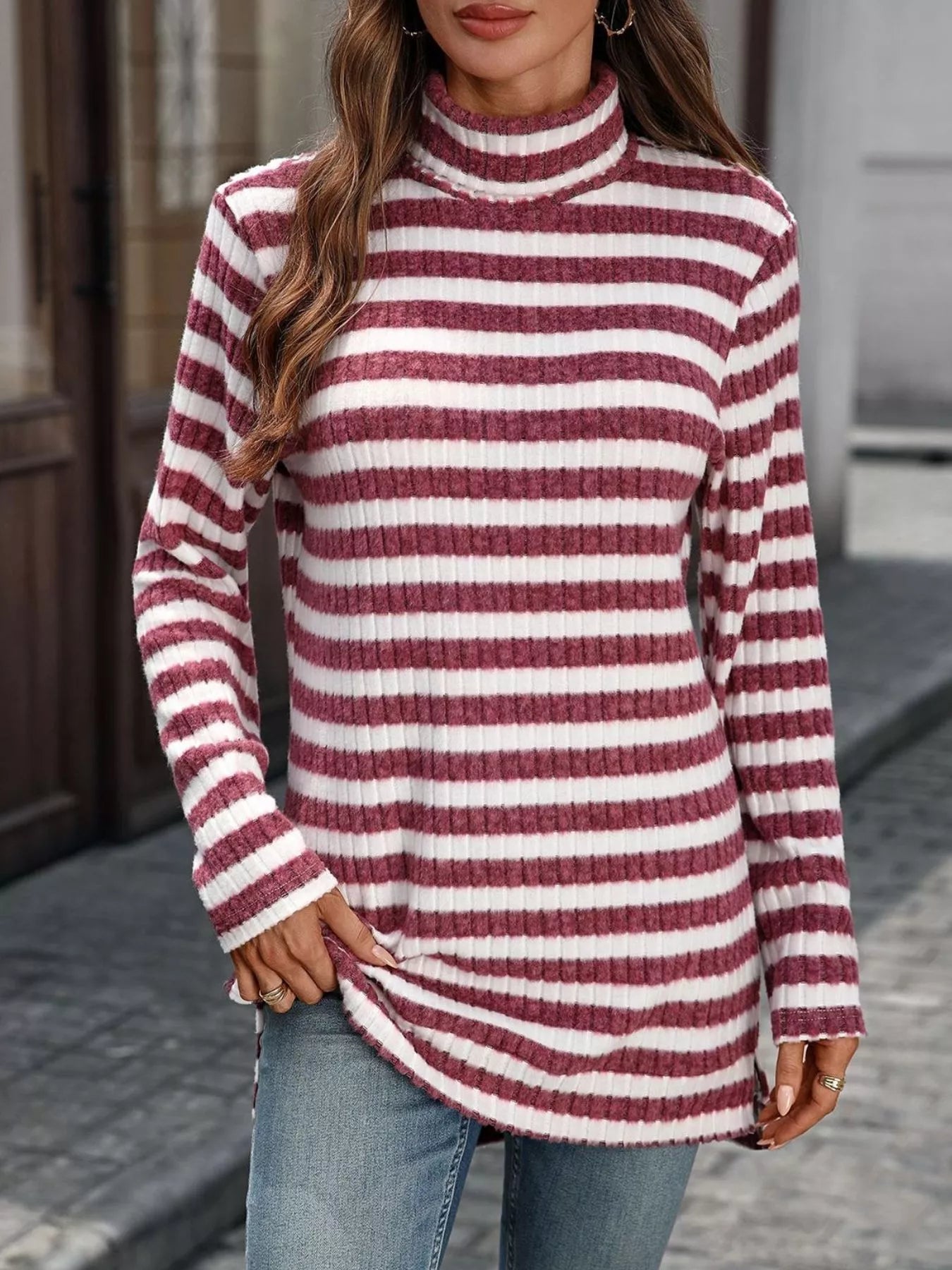 Striped Turtleneck Long Sleeve Knit Top