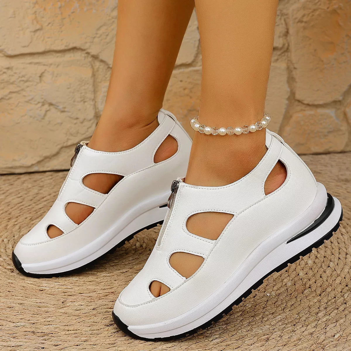 Cutout Zipper Wedge Sneakers