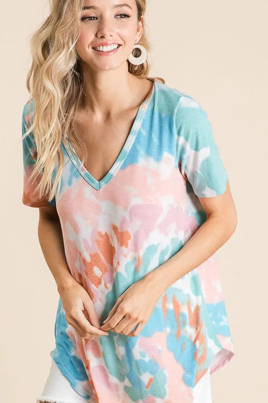 BiBi Circular Tie Dye Print V Neck Top