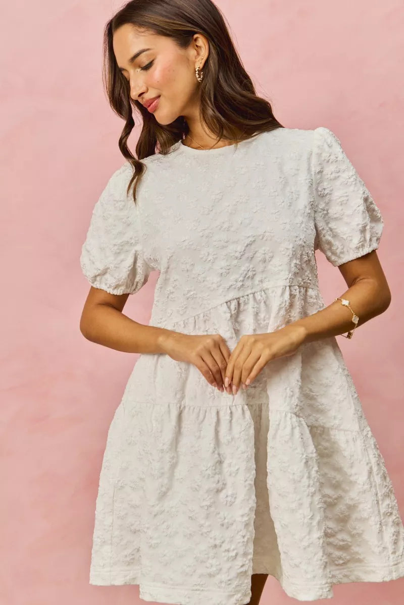 SO ME Floral Jacquard Diagnol Tiered Short Mini Dress