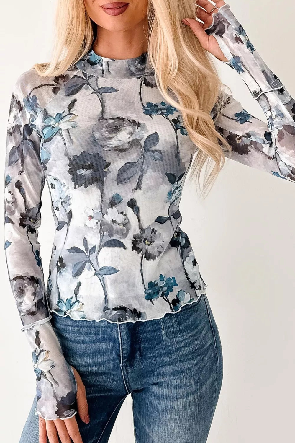 Floral Mesh High Neck Long Sleeve Sheath Top