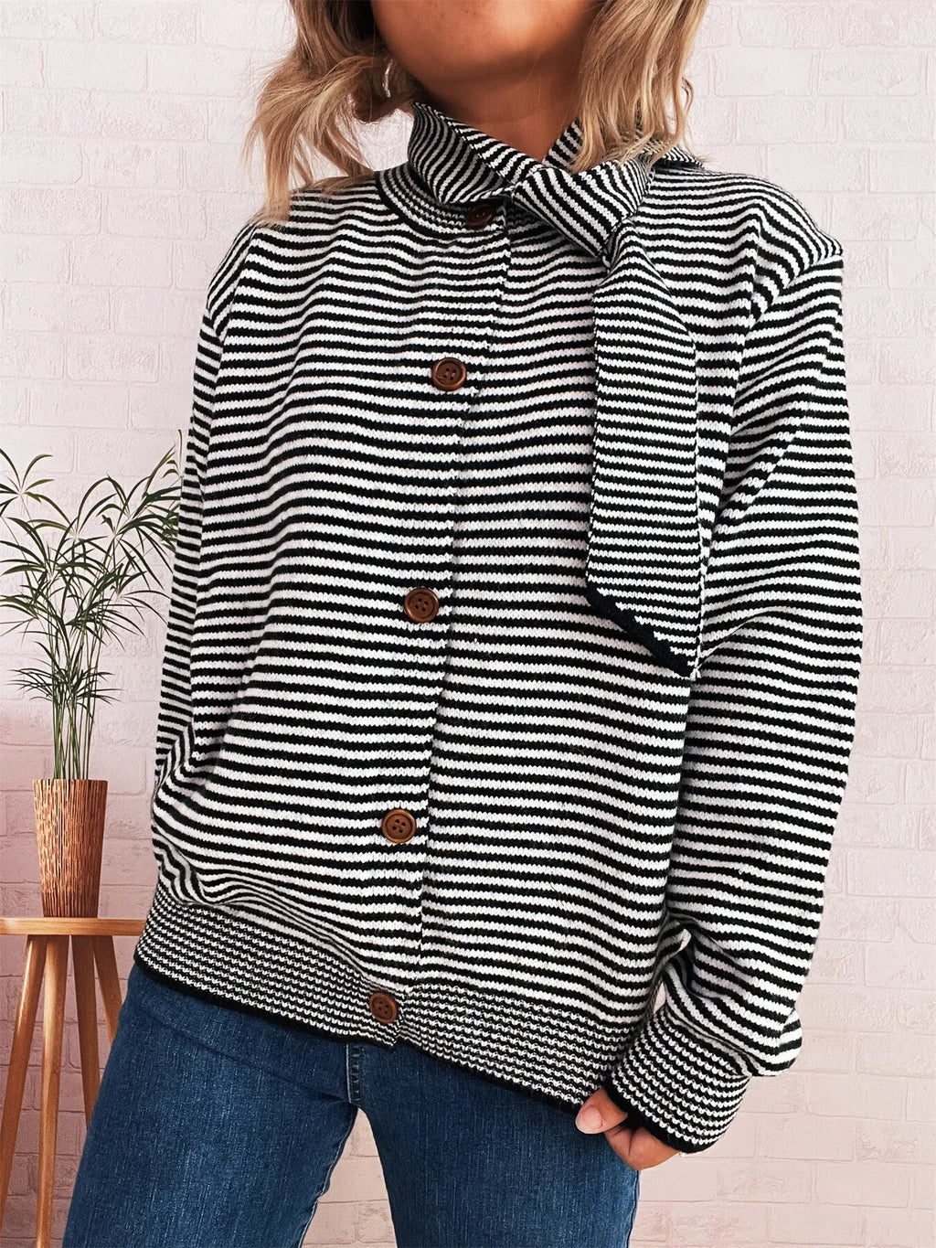 Striped Button Up Long Sleeve Cardigan