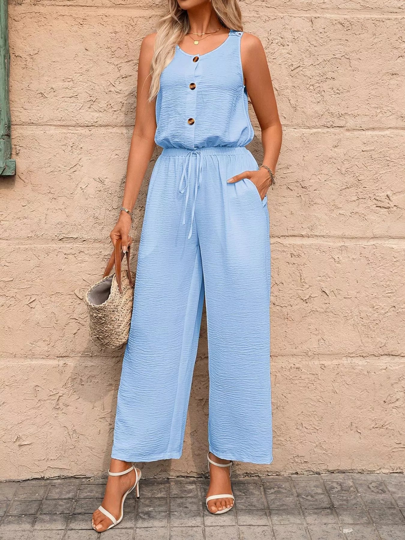 Sleeveless Button-Front Wide Leg Jumpsuit
