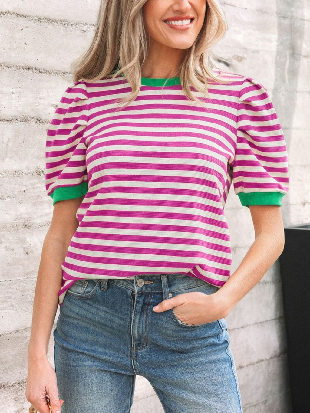Stripe Short Puff Sleeve Contrast Trim Round Neck Tee