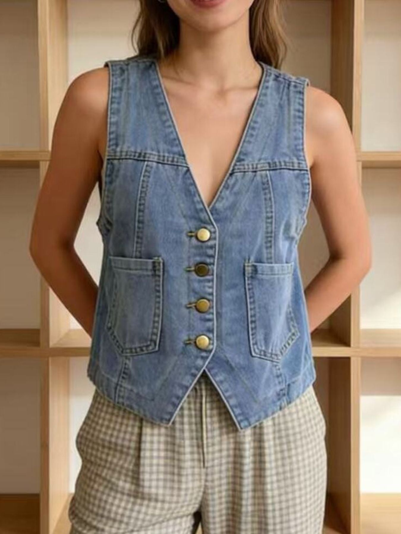 Plus Size Button-Down Denim Vest