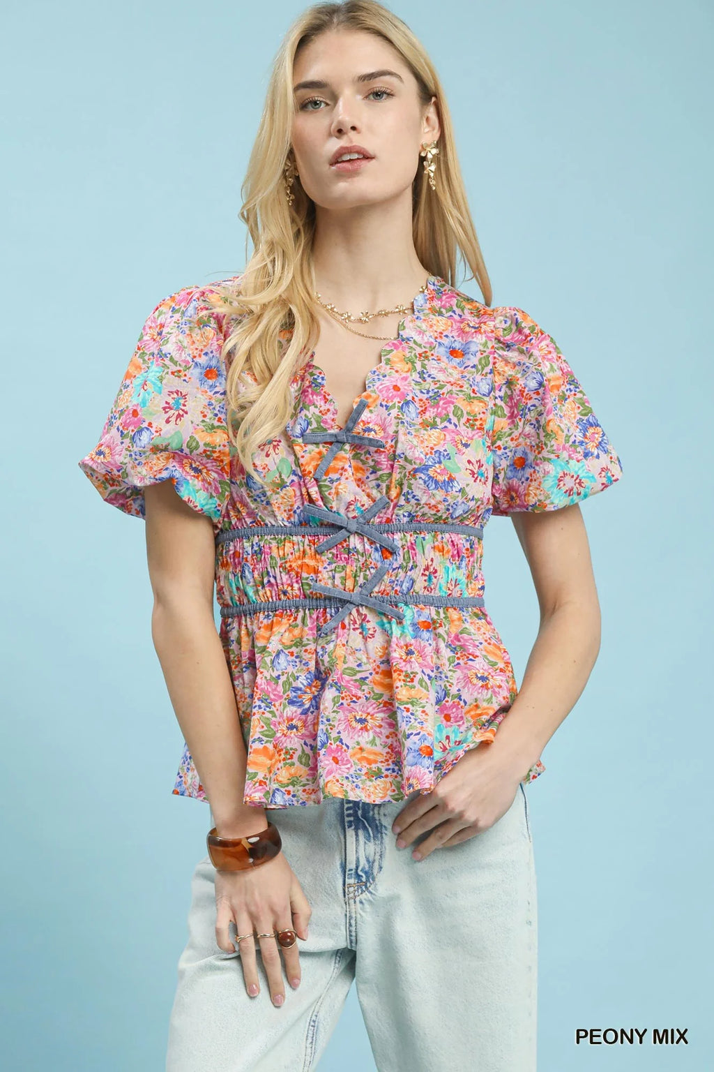 Umgee Mix Floral Smocked Waist Blouse