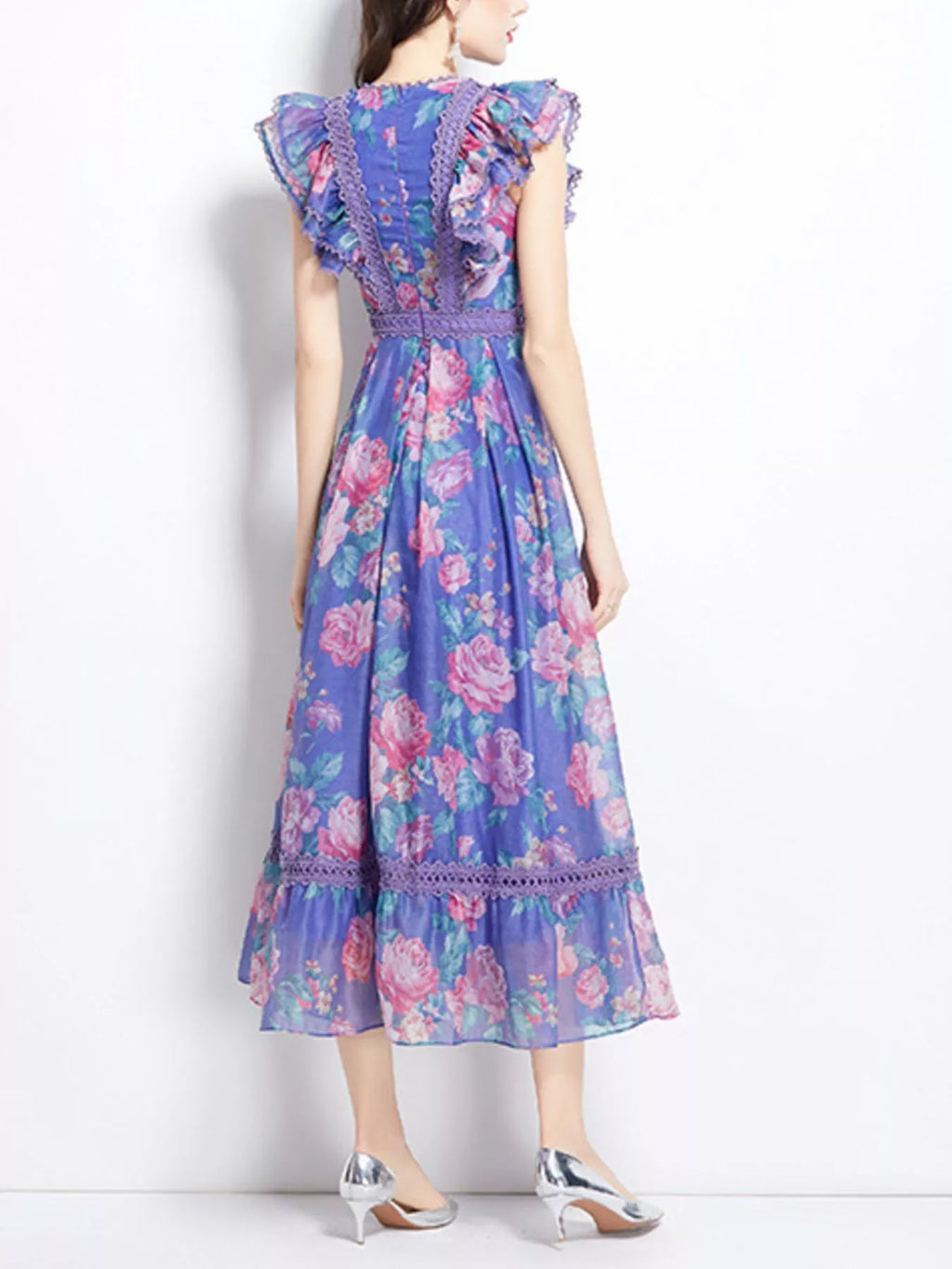 Floral Print Ruffle Sleeve Midi Dress